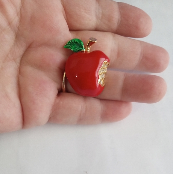Red Apple Enamel With Rhinestone Bite Pin Brooch Teacher Gift - Picture 8 of 8